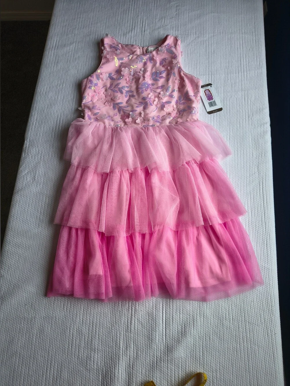 Pink Sequined Floral Tiered Tulle Dress Size XL.
